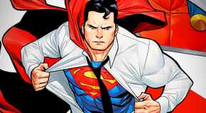 Comic book art: Superman striding forward, pulling off his dress shirt to reveal his costume.
