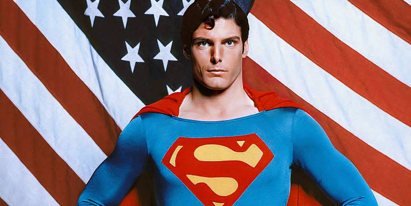 Christopher Reeve stands by an American flag in promo art for Superman