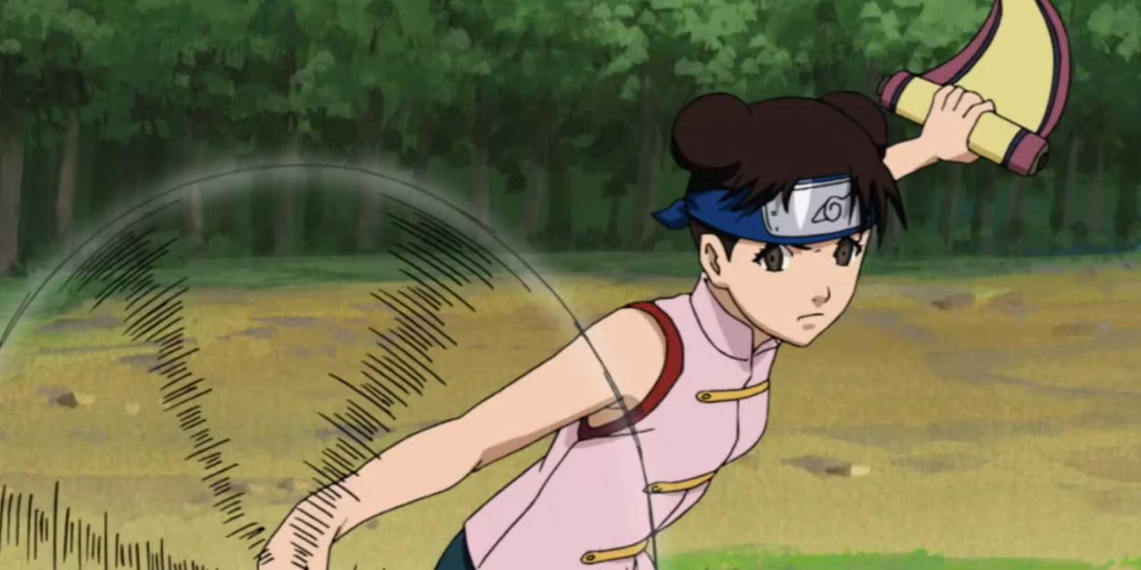 Tenten with her weapons and scrolls in Naruto