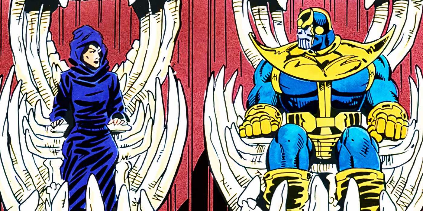 Thanos and Lady Death on bone thrones in Marvel Comics