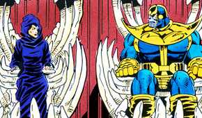 Thanos and Lady Death on bone thrones in Marvel Comics