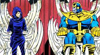 Thanos and Lady Death on bone thrones in Marvel Comics
