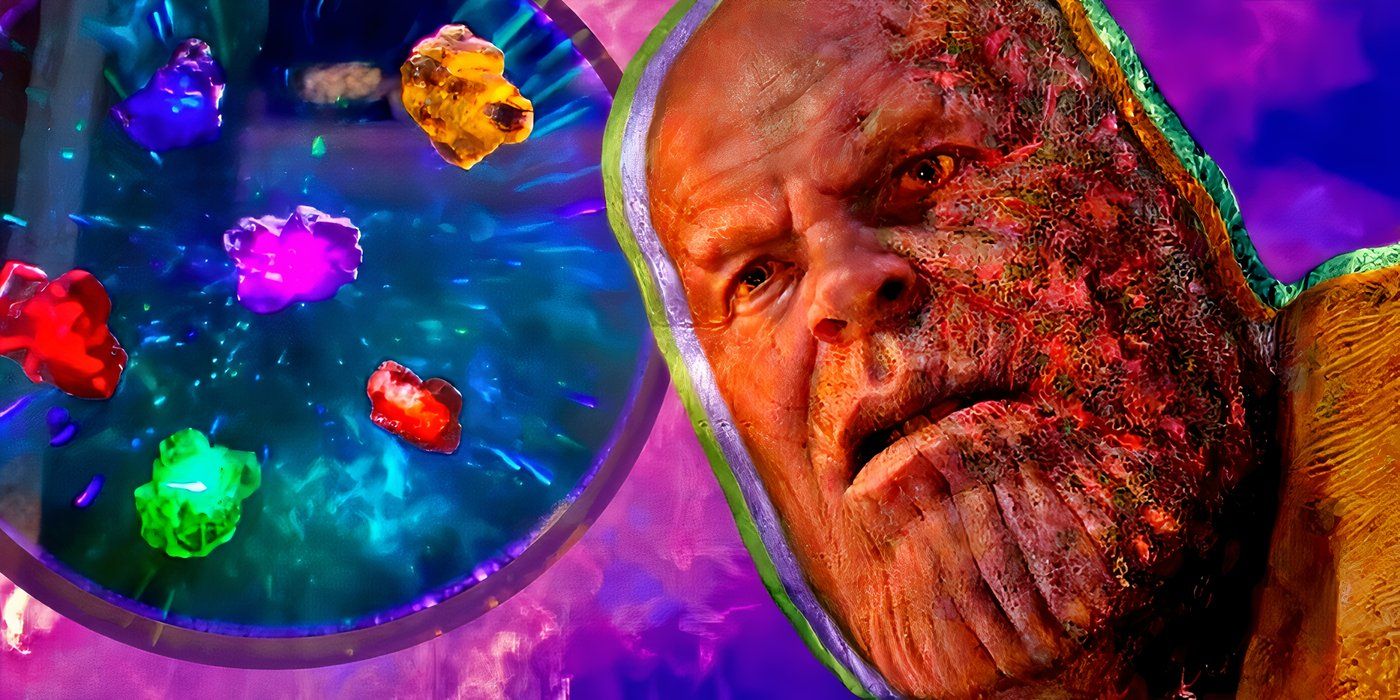 MCU's Thanos with the Infinity Stones floating behind him.