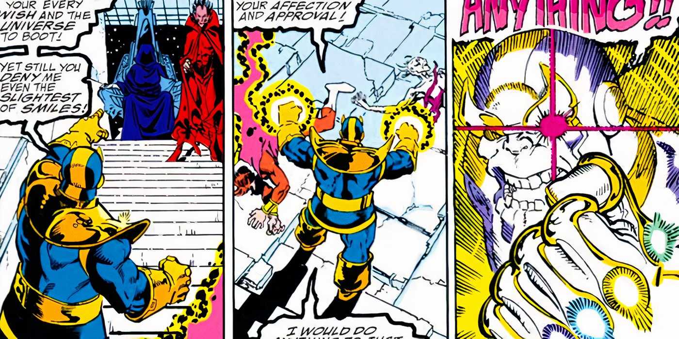 Thanos using the Infinity Gems to impress Lady Death in Marvel Comics