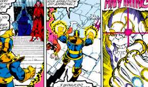 Thanos using the Infinity Gems to impress Lady Death in Marvel Comics