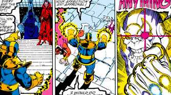 Thanos using the Infinity Gems to impress Lady Death in Marvel Comics