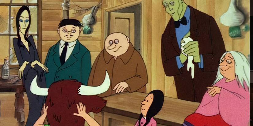The characters surrounding a wooden table in the animated The Addams Family (1973)