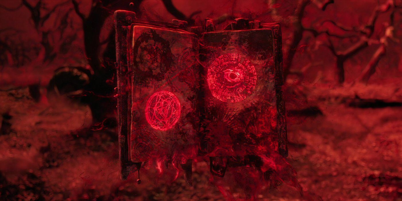 The Darkhold in a red landscape glowing with red runes in doctor strange in the multiverse of madness