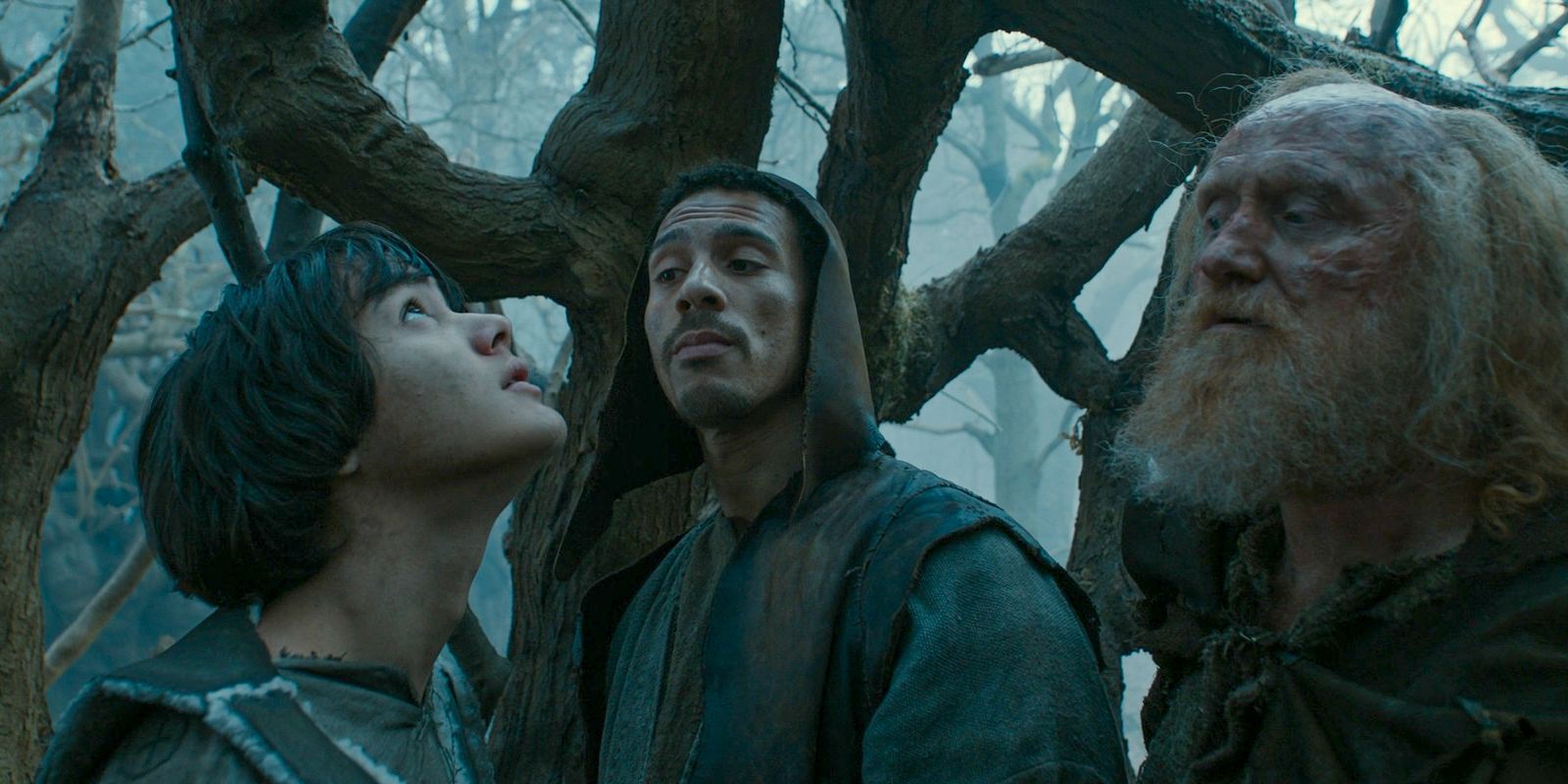 Theo (Tyroe Muhafidin) and a couple of Wild Men trapped in a cage made of branches in The Lord of the Rings: The Rings of Power Season 2 Episode 4