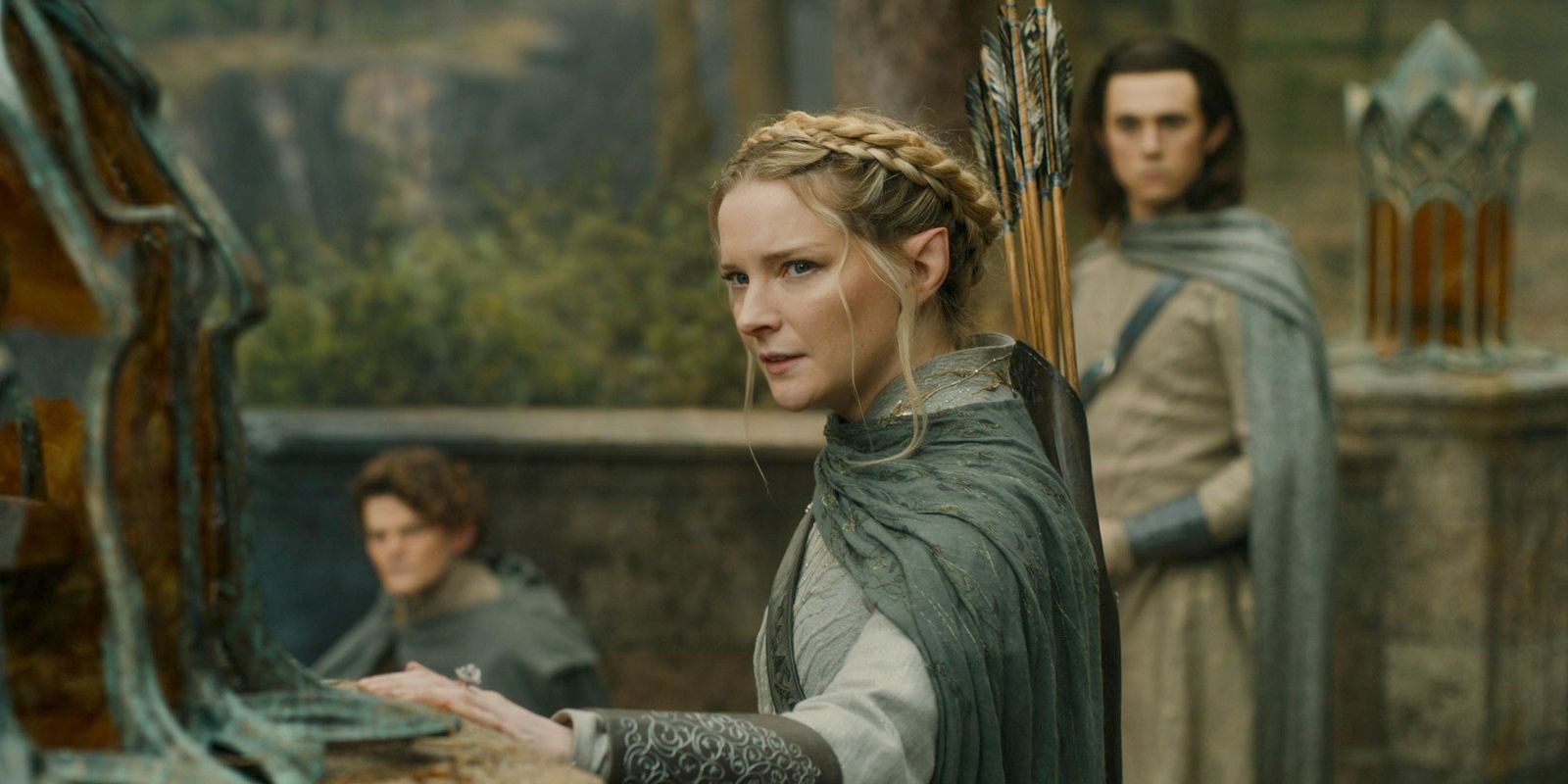 Galadriel (Morfydd Clark) pensive after having the vision that Sauron destroyed the bridge in The Lord of the Rings: The Rings of Power Season 2 Episode 4