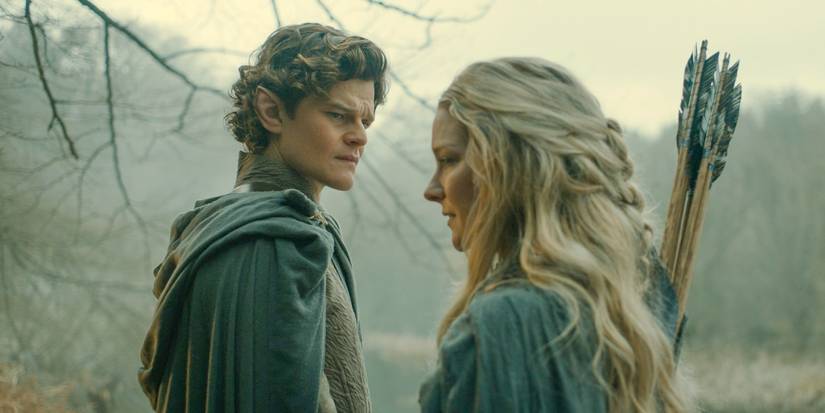 Galadriel (Morfydd Clark) talks to Elrond (Robert Aramayo) in The Lord of the Rings: The Rings of Power