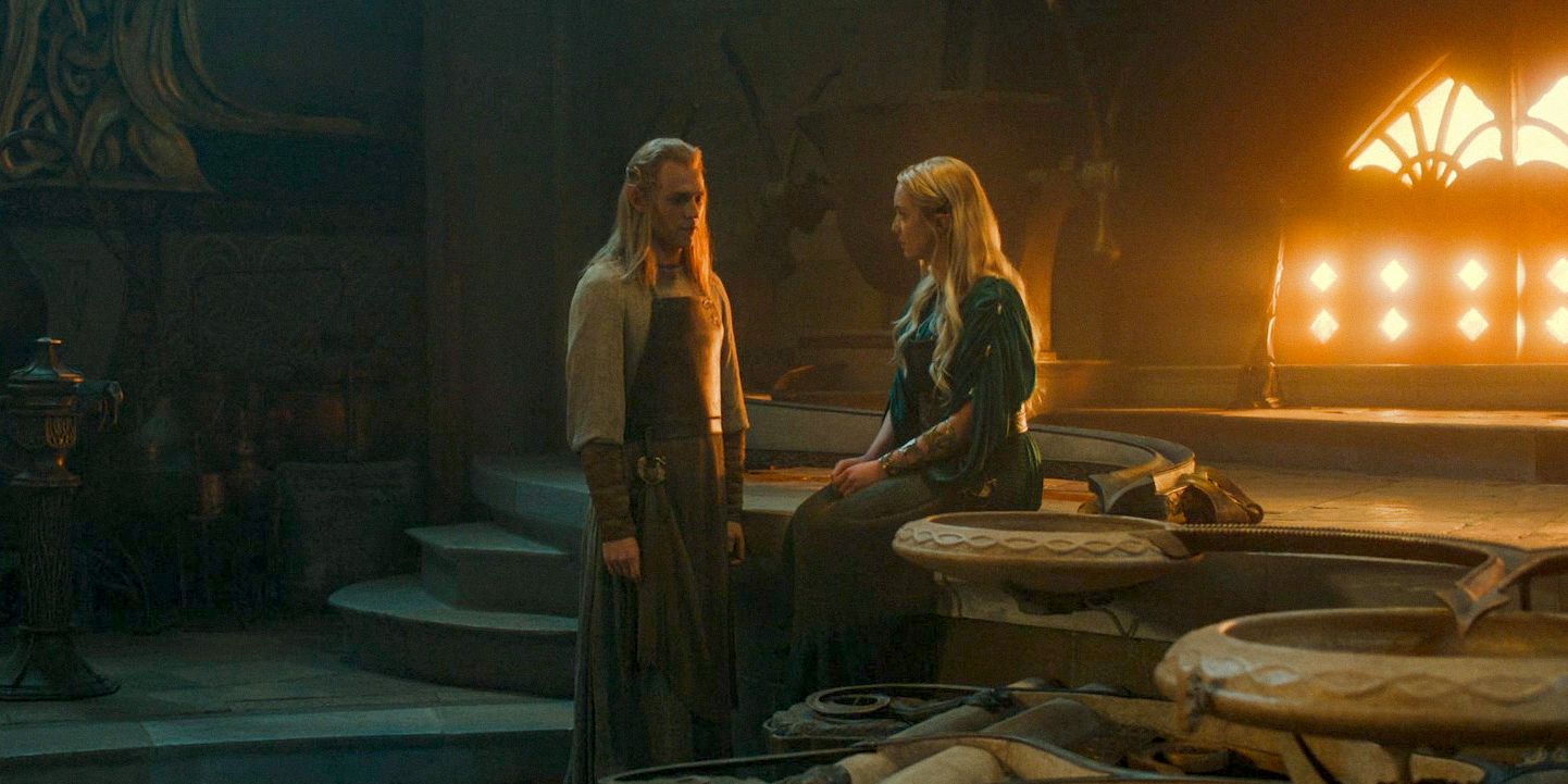 Sauron (Charlie Vickers)talking to Mirdania (Amelia Kenworthy) in The Lord of the Rings: The Rings of Power Season 2 Episode 5