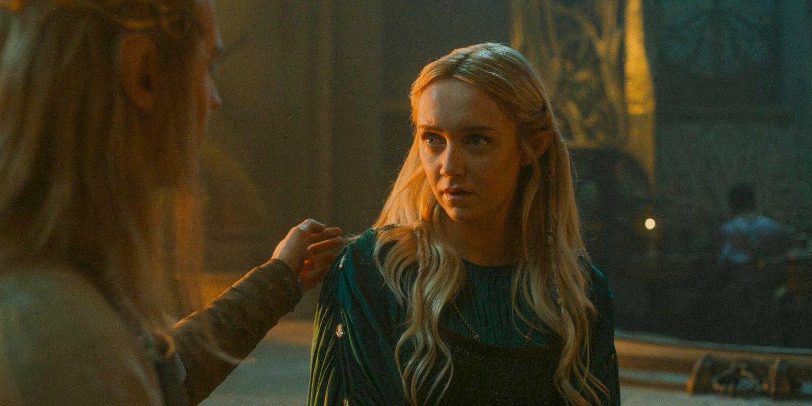 Sauron (Charlie Vickers) placing his hand on Mirdania's (Amelia Kenworthy) shoulder in The Lord of the Rings: The Rings of Power Season 2 Episode 5