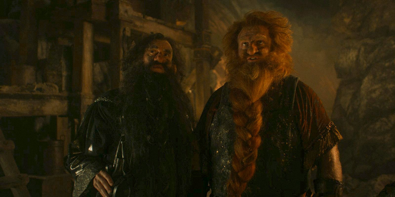 Narvi (Kevin Eldon) and Durin (Owain Arthur) working on the excavation in The Lord of the Rings: The Rings of Power Season 2 Episode 5