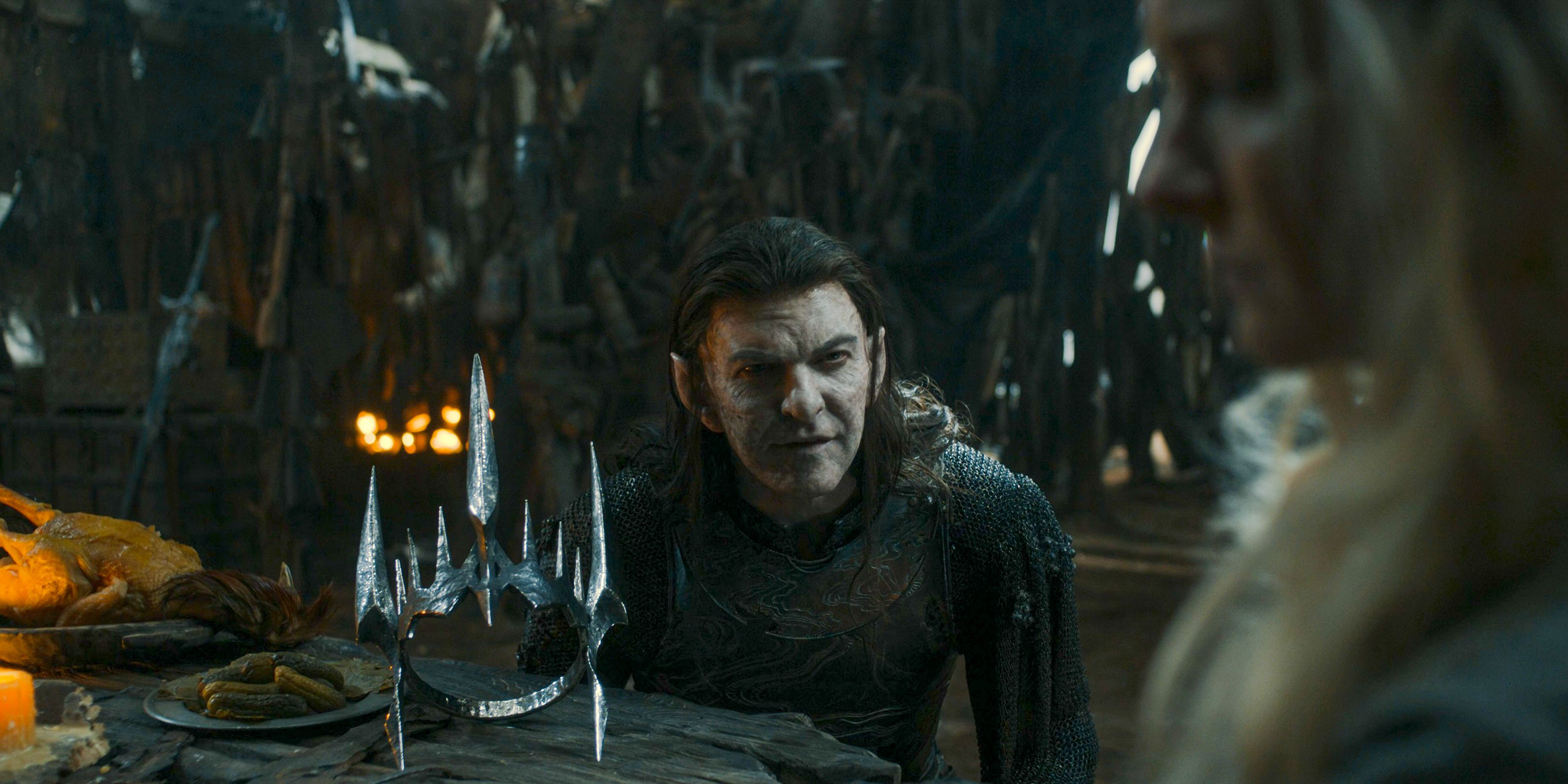 Adar (Sam Hazeldine) showing Galadriel the crown of Morgoth in The Lord of the Rings: The Rings of Power Season 2 Episode 6