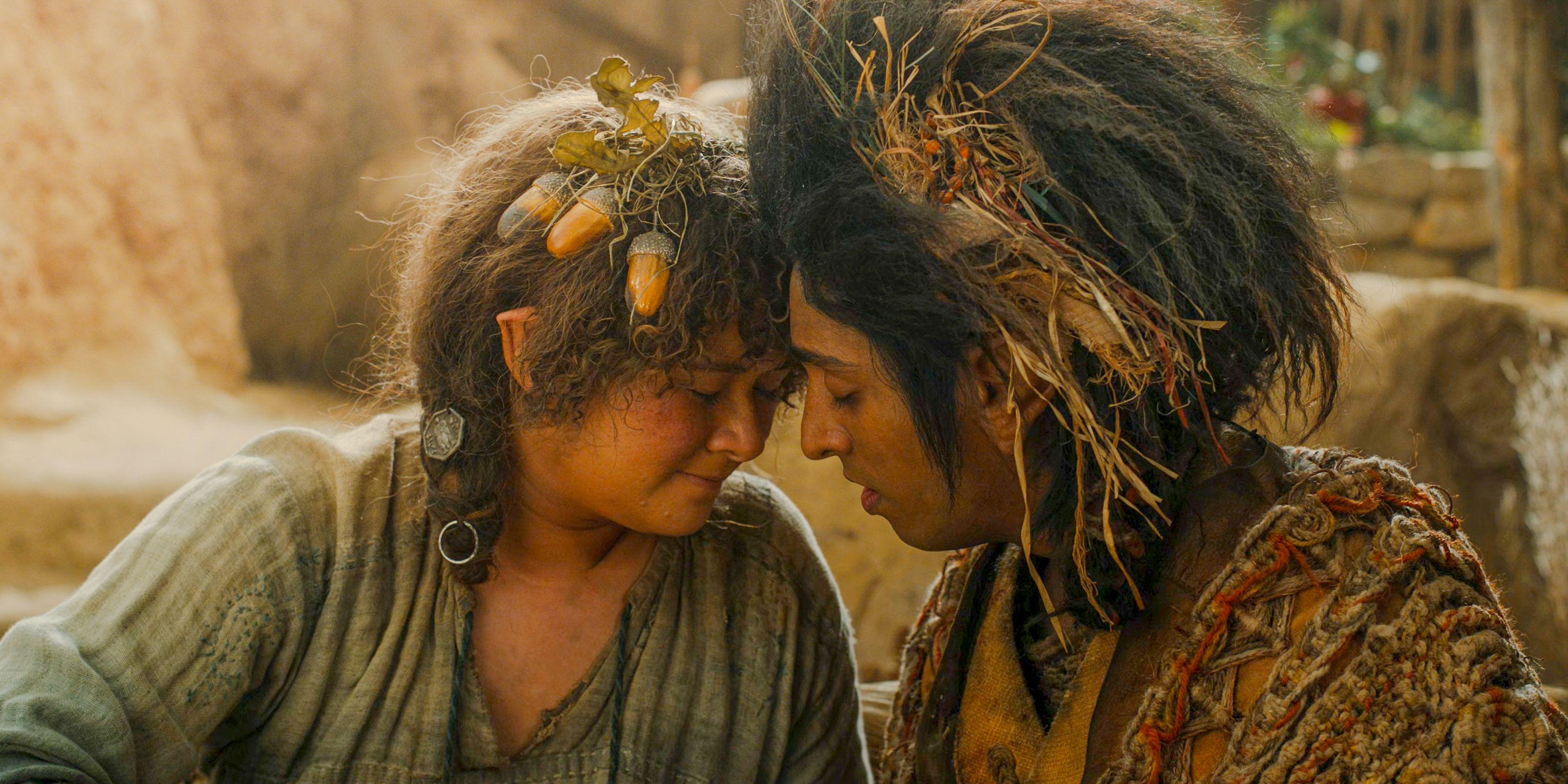 Poppy (Megan Richards) and Merimac (Gavi Singh Chera) in love in The Lord of the Rings: The Rings of Power Season 2 Episode 6