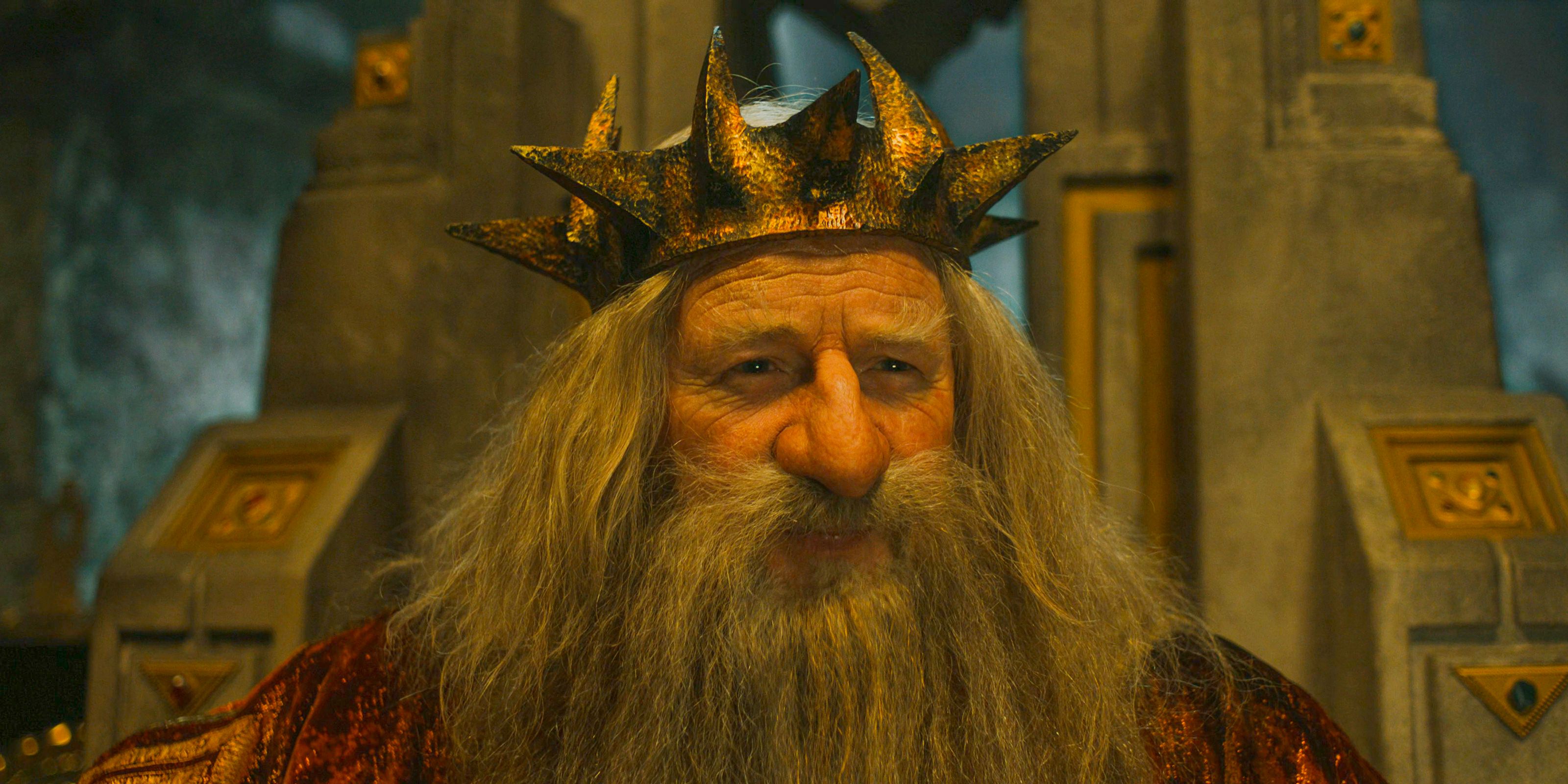 King Durin III (Peter Mullan) on his throne in The Lord of the Rings: The Rings of Power Season 2 Episode 6