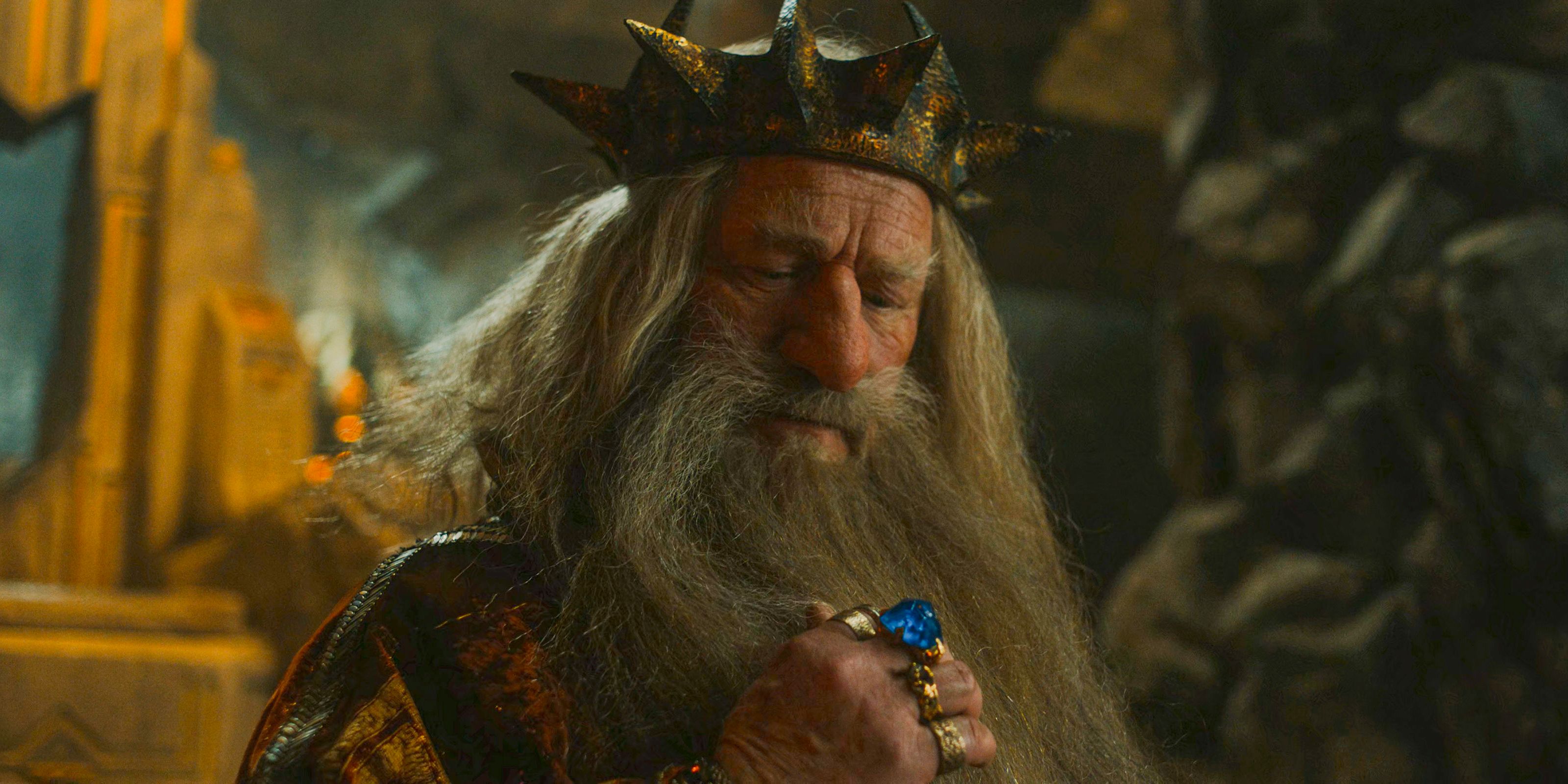 King Durin III (Peter Mullan) enchanted by the power of the ring in The Lord of the Rings: The Rings of Power Season 2 Episode 6