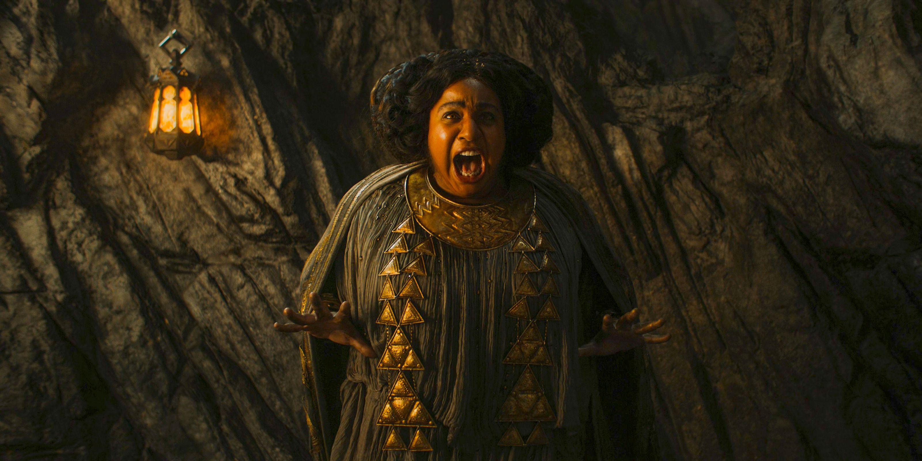 Disa (Sophia Nomvete) singing a chant in The Lord of the Rings: The Rings of Power Season 2 Episode 6