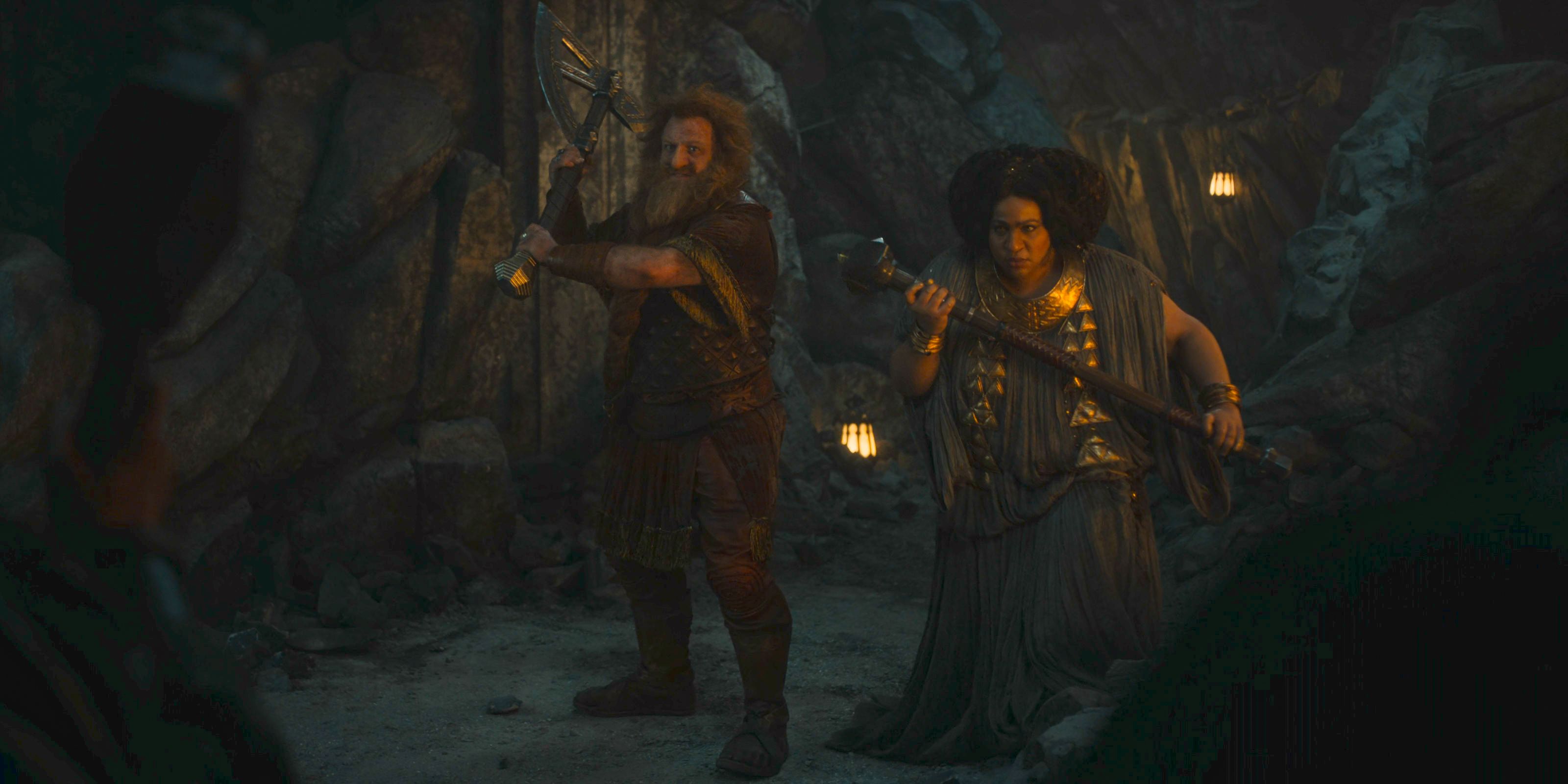 Prince Durin IV (Owain Arthur) and Disa (Sophia Nomvete) defending the mines in Khazad-dûm in The Lord of the Rings: The Rings of Power Season 2 Episode 7