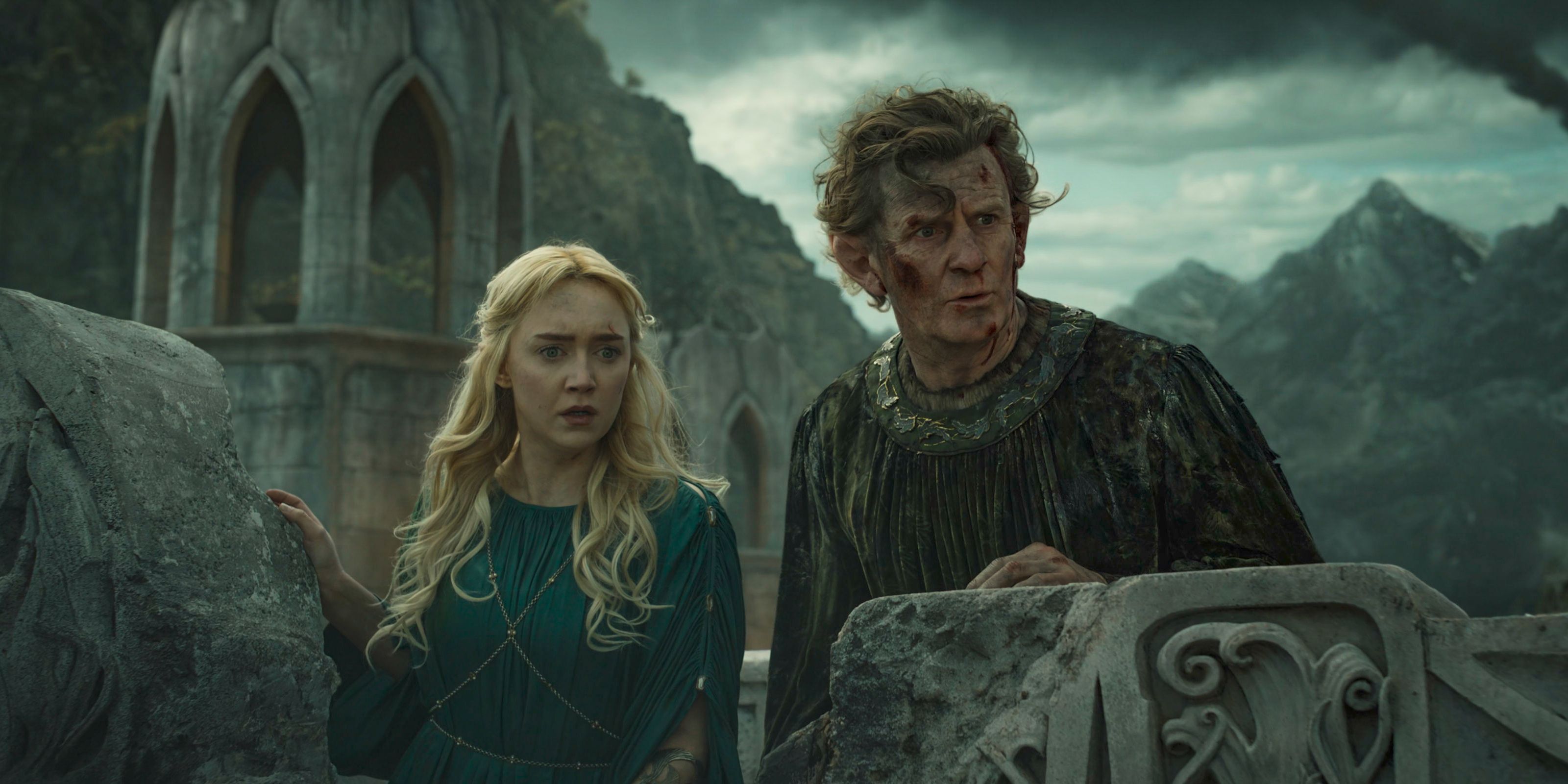 Mirdania (Amelia Kenworthy) and Celebrimbor (Charles Edwards) watching the attacks on Eregion in The Lord of the Rings: The Rings of Power Season 2 Episode 7