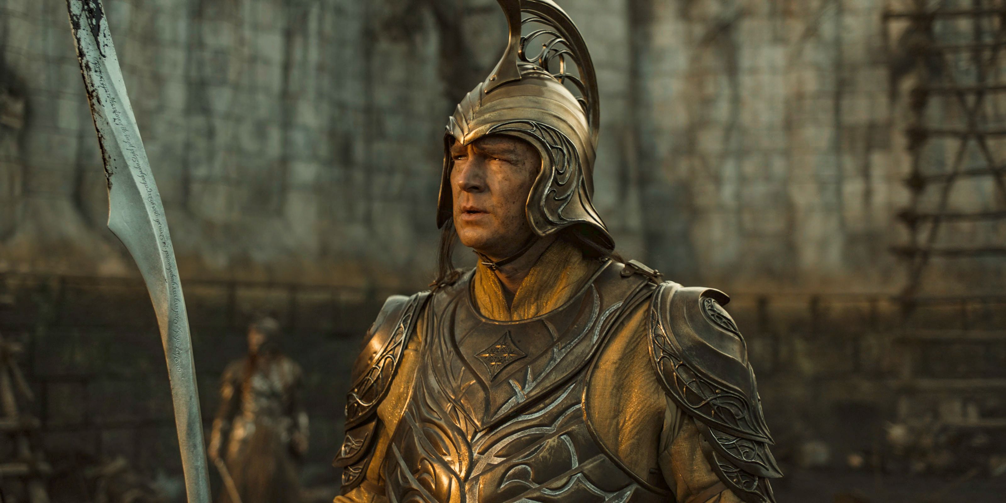 High King (Benjamin Walker) arrives at the battlefield in Eregion in The Lord of the Rings: The Rings of Power Season 2 Episode 7