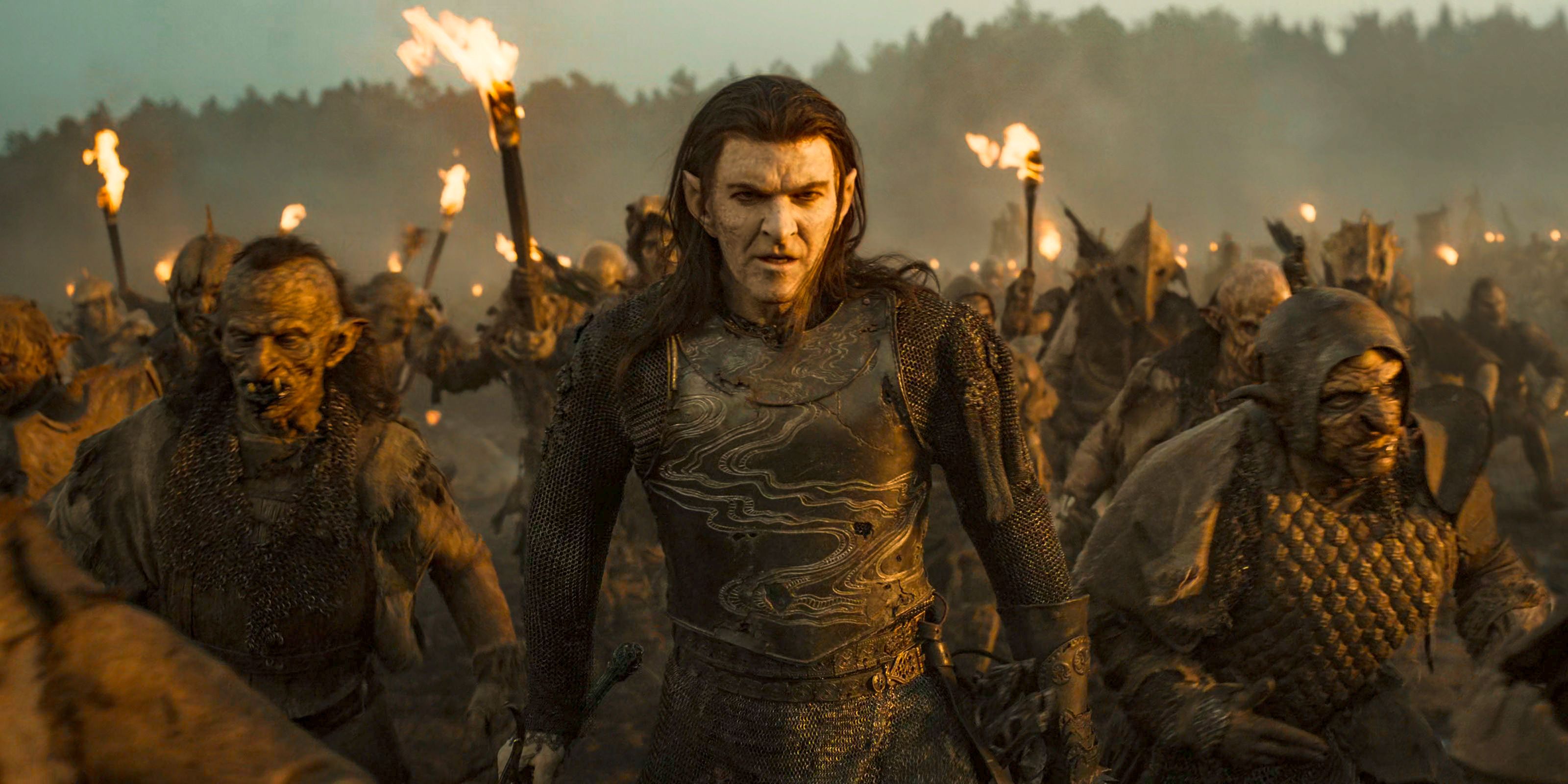 Adar (Sam Hazeldine) with his army of orcs attacking Eregion in The Lord of the Rings: The Rings of Power Season 2 Episode 7