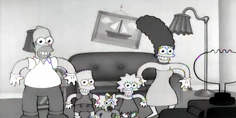 The Simpsons stand in front of their couch animated in the style of a Merry Melodies Disney cartoon in The Simpsons