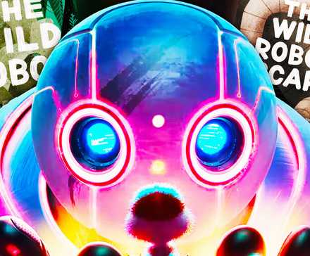 Roz держит Brightbill в своей ладони, когда он привязывается к ней. На заднем плане - обложки книг *The Wild Robot* и *The Wild Robot Escapes* от Питера Брауна.