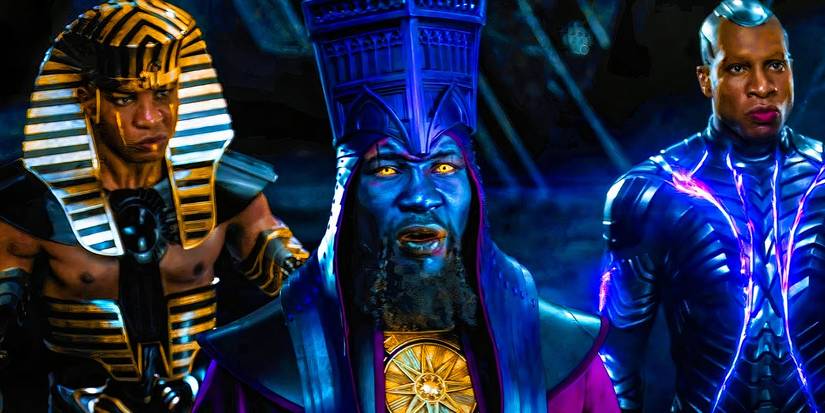 Three Kang variants in the Council of Kangs in Ant-Man and the Wasp Quantumania
