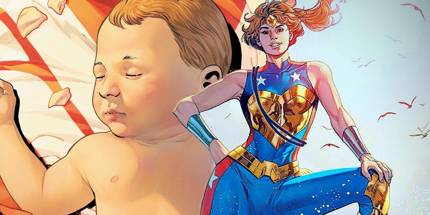 Comic book art: an adult Trinity stands in front of the newborn Lizzie Prince.