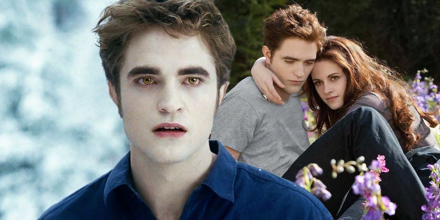 A composite image of Edward Cullen looking on in shock in front of Edward and Bella embracing in a field of flowers in Twilight