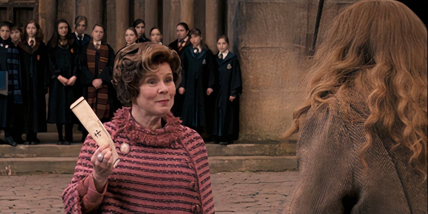 Umbridge giving Professor Trelawney notice that she's fired in the Hogwarts courtyard in Harry Potter & the Order of the Phoenix