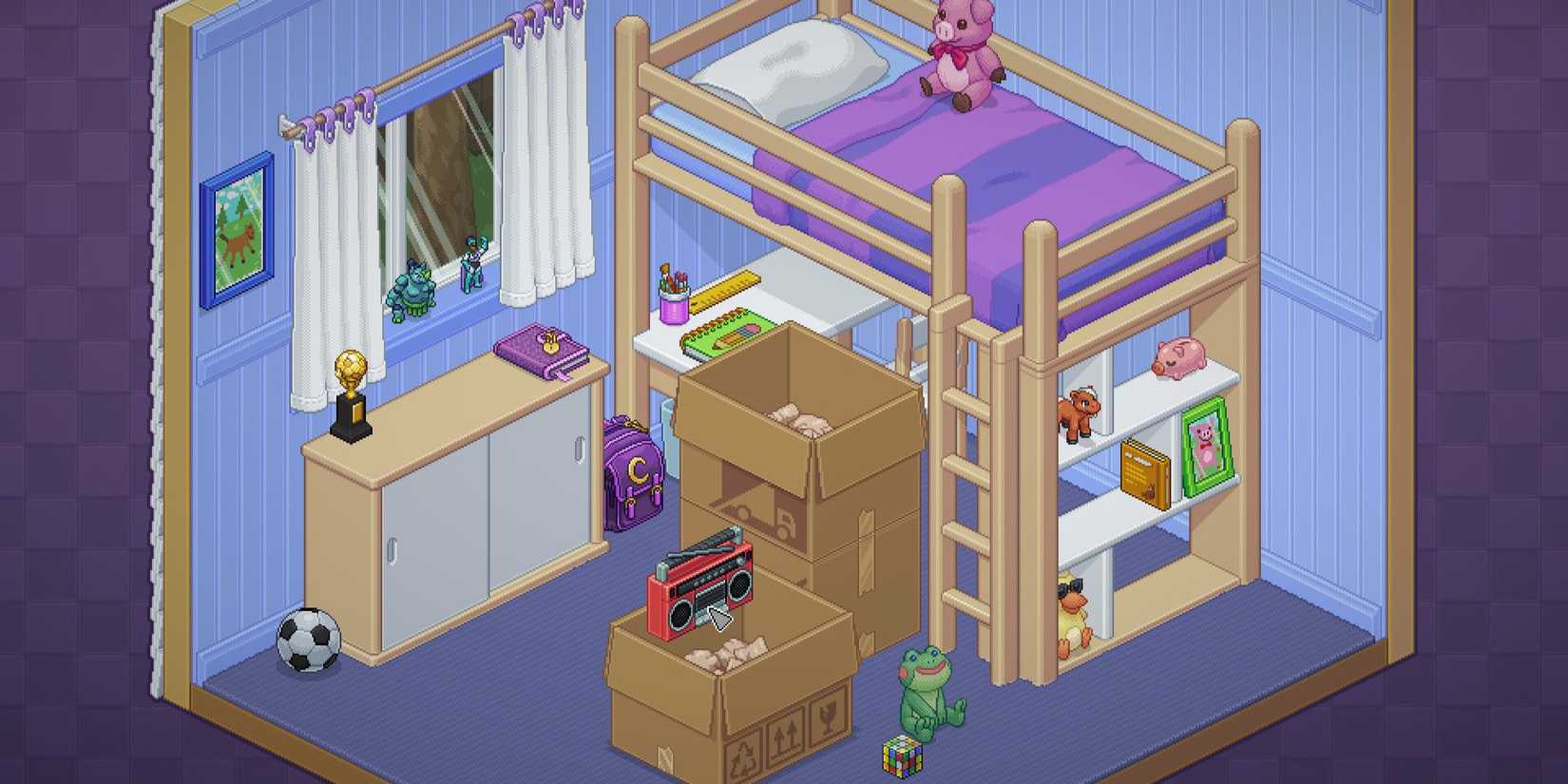 Unpacking screenshot of children's bedroom with open boxes.
