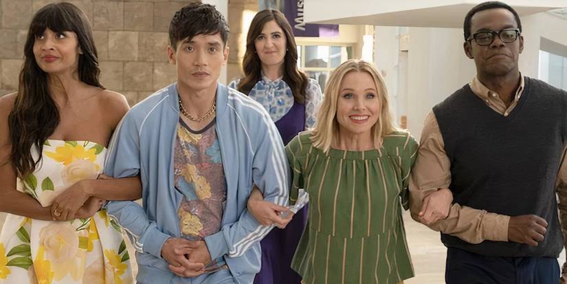 Tahani, Jason, Janet, Eleanor, and Chidi finally arriving at the real Good Place in The Good Place episode Patty.