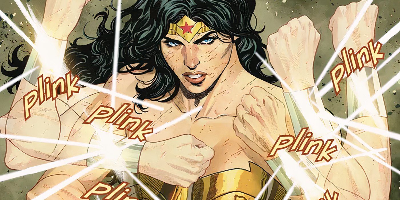 Comic book art: Wonder Woman deflects bullets so fast, multiple arms appear.