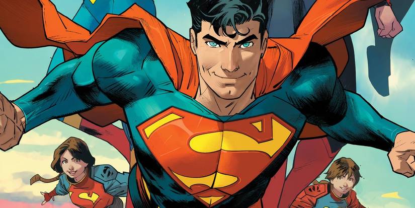  Superman flying with two younger Superman family characters behind him.