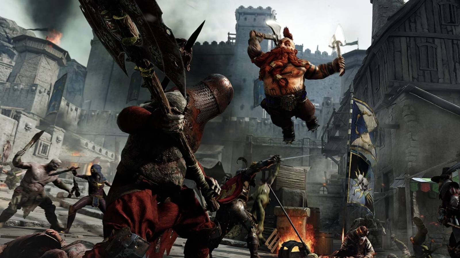 A dwarf leaping at an enemy holding an axe in Vermintide 2.
