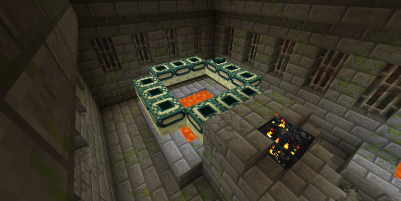 View of a Stronghold End Portal below the village in a Speedrun seed in Minecraft.