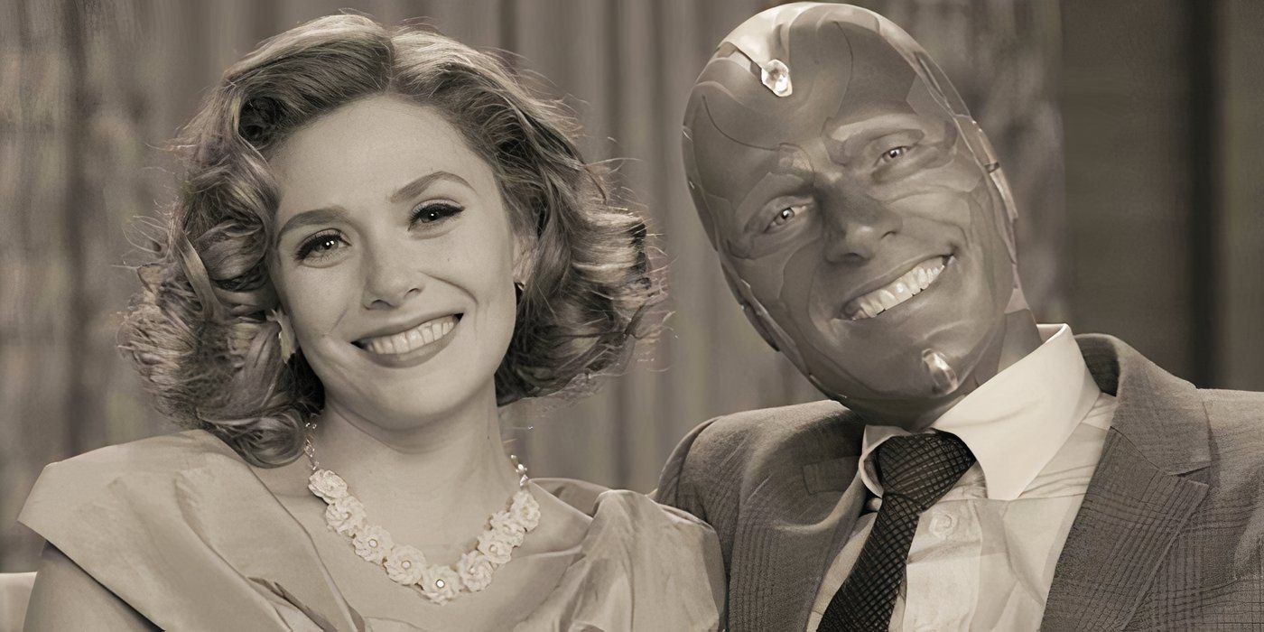 Wanda Maximoff and Vision smiling in black and white in WandaVision