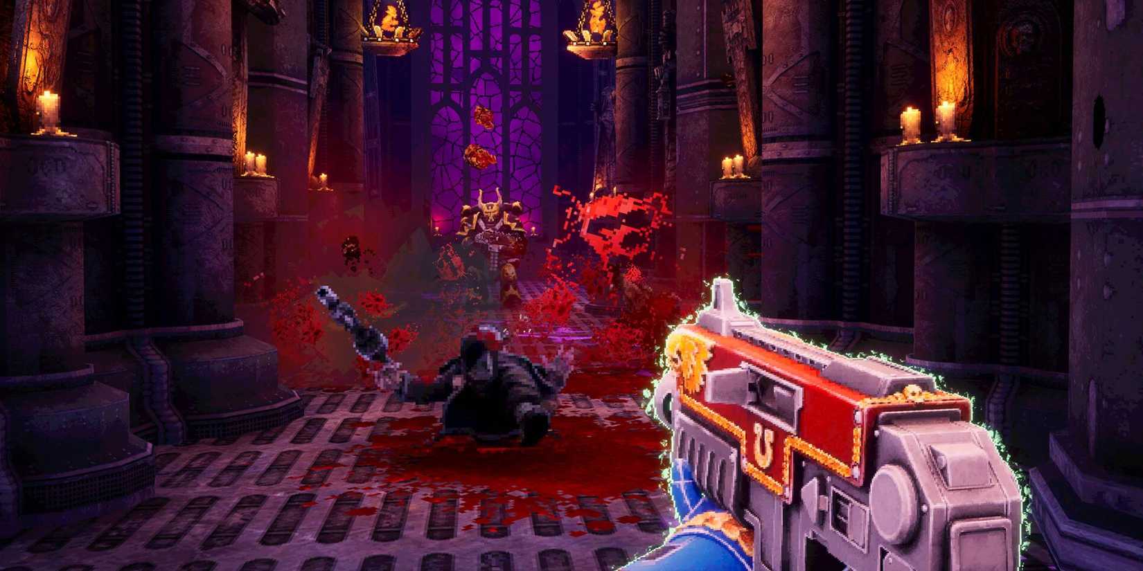 A dead Chaos marine covered in blood in a corridor in Warhammer 40,000: Boltgun.