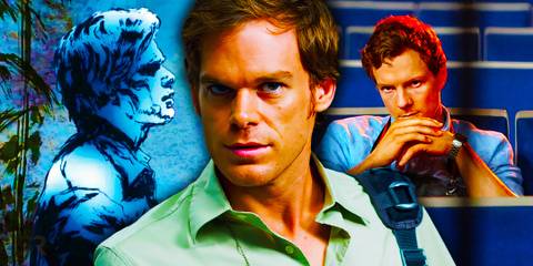 Michael C. Hall as Dexter Morgan with a drawing from Dexter: Early Cuts on the left and Patrick Gibson as Dexter in Dexter: Original Sin on the right