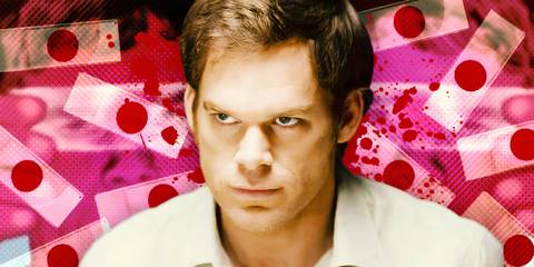 Dexter Morgan (Michael C. Hall) in front of a collage of blood slides on a pink background