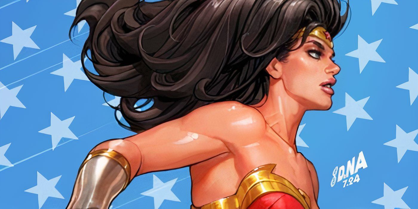 Comic book art: Wonder Woman strides to the right in front of a blue background with white stars.