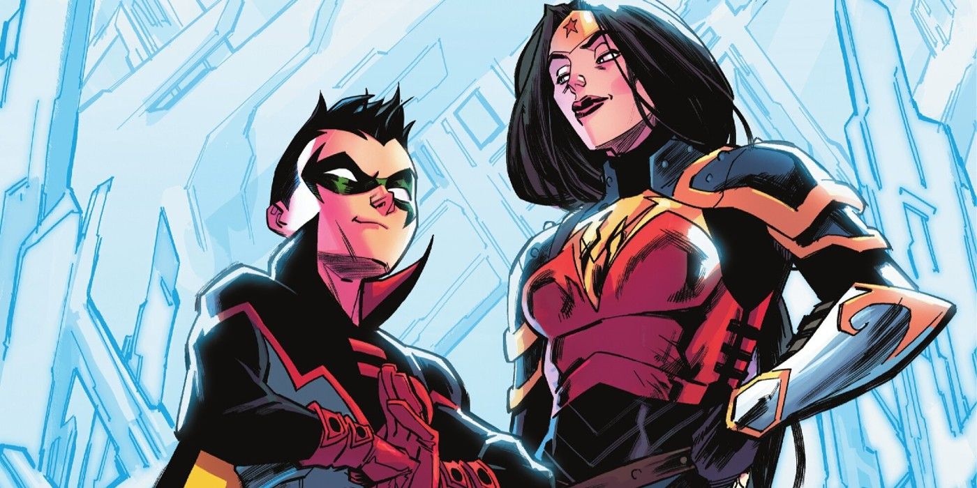 Comic book panel: Wonder Woman and Damian Wayne Robin side by side in the secret origin of Trinity.