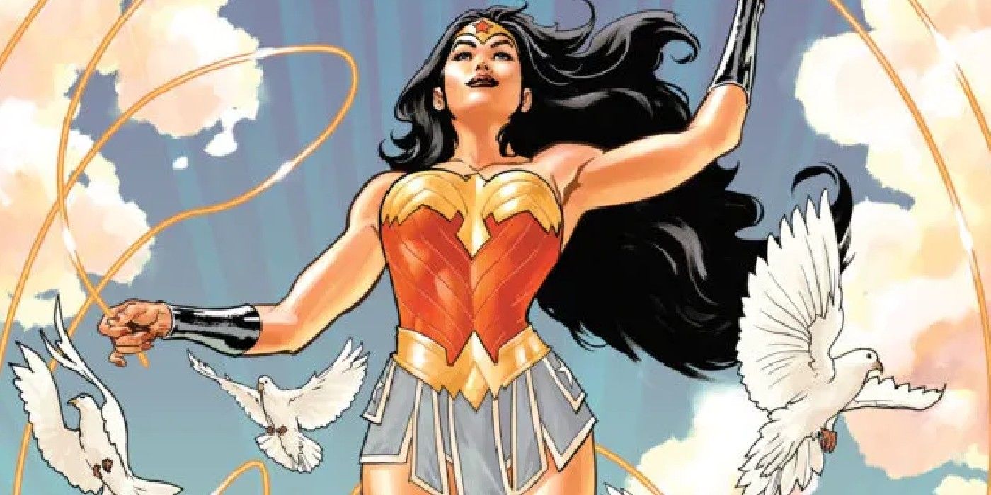 Comic book art: Wonder Woman stands tall with her lasso, smiling as she's surrounded by doves.