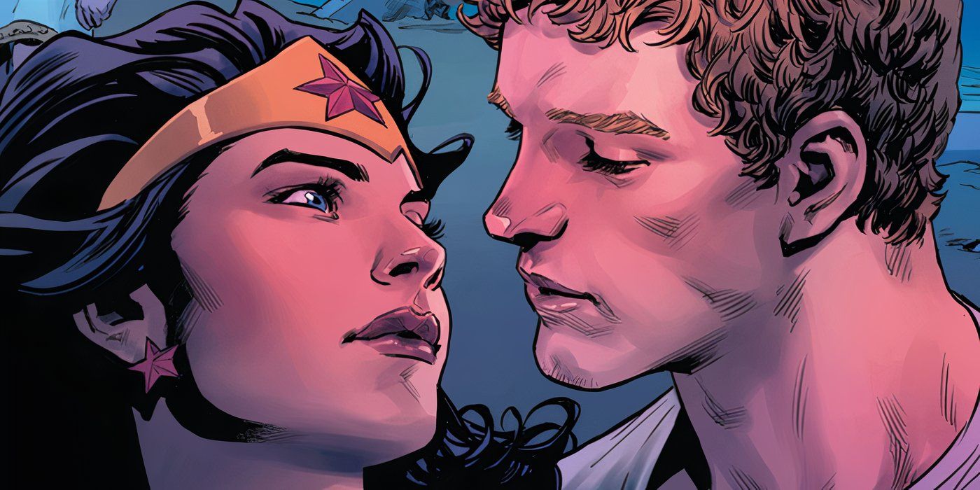 Comic book art: Wonder Woman and Steve Trevor gaze into each other's eyes.