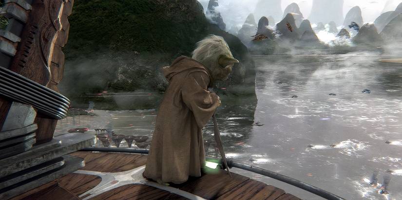 Yoda olhando para a Batalha de Kashyyyk em Star Wars: Episódio III - Revenge of the Sith