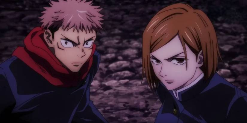 Yuji et Nobara de Jujutsu Kaisen se tiennent ensemble sur un terrain rocheux sombre