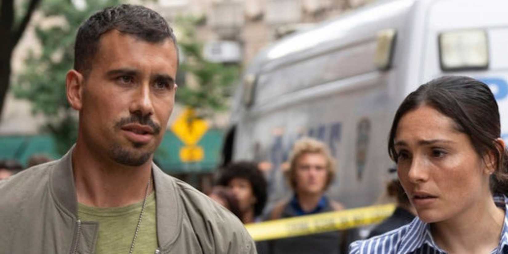 Law & Order: SVU Silva and Velasco standing in front of yellow crime scene tape